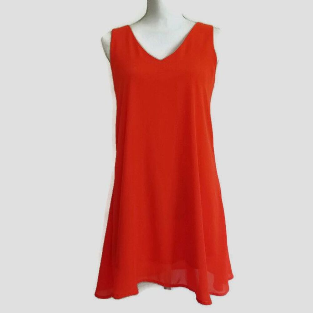 Buttons Dress Womens Small Orange V-Neck Strappy Back Sleeveless Swing